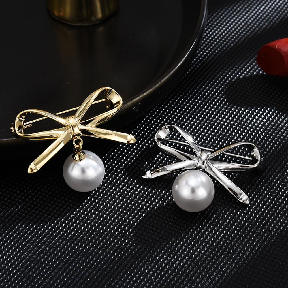 Elegant Simple Bow Brooches For Women Bowknot Pin Pearl Pendant Safety Lapel Pins Wedding Jewelry Body Accessories Creative Gift