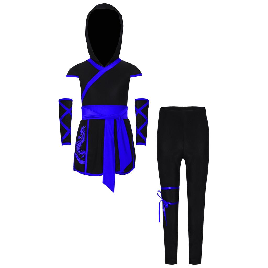 Costume Cosplay Ninja Unisex per Bambini Top con Cappuccio Stampa Drago Ampia Fascia Fondo Spaccato Set Guanti Pantaloni