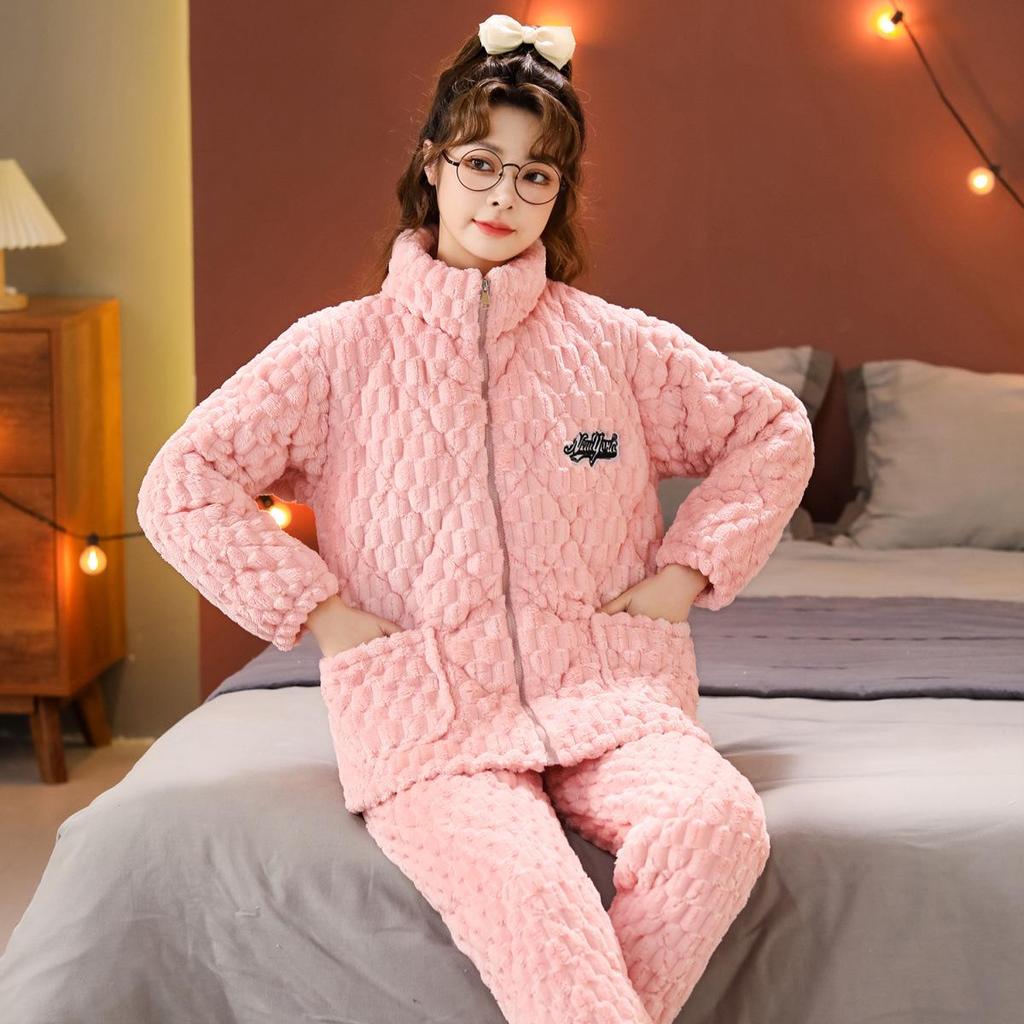 Women's Quilted Fleece-Lined Winter Pajama Set - Plus Size, Cute, Thick, Round Neck Homewear.