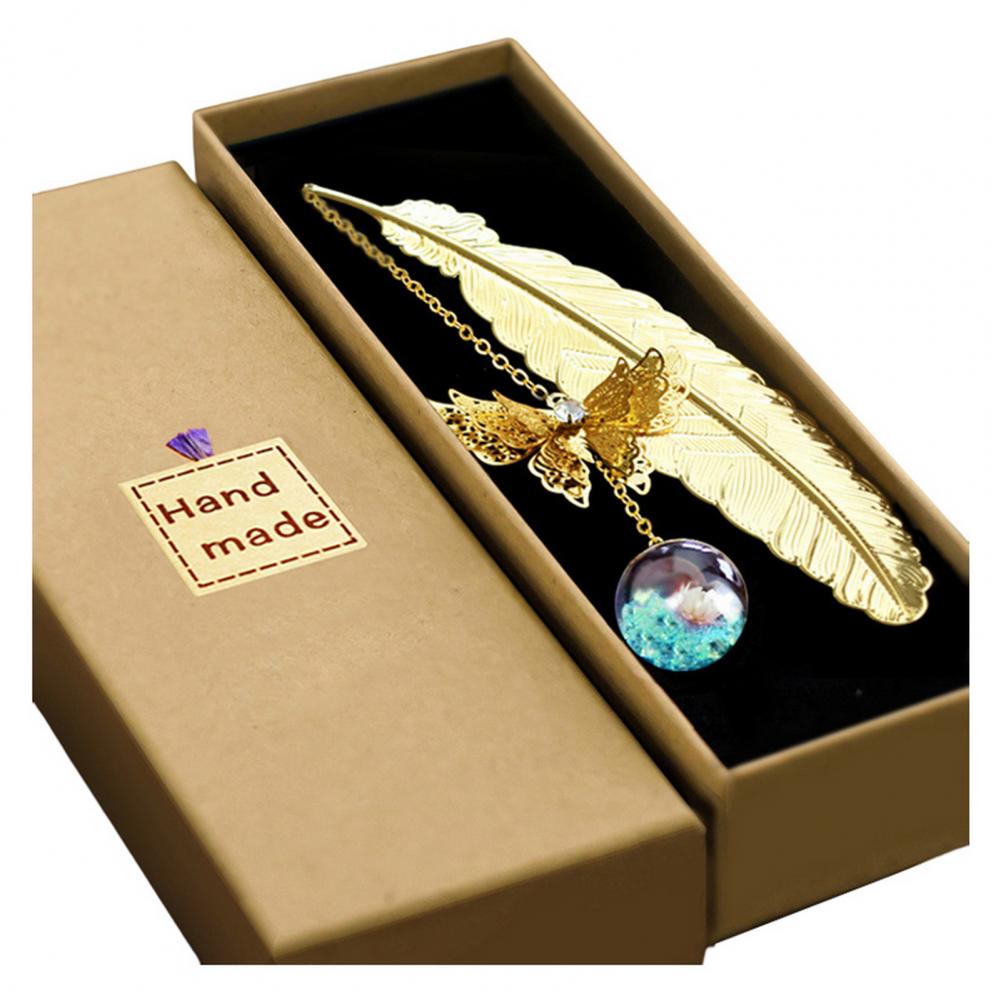 Bookmark Metal Feather Bookmark 3D Butterfly Pendant Dried Flower Book Lovers Teachers Gift Book Accessories With Gift Box