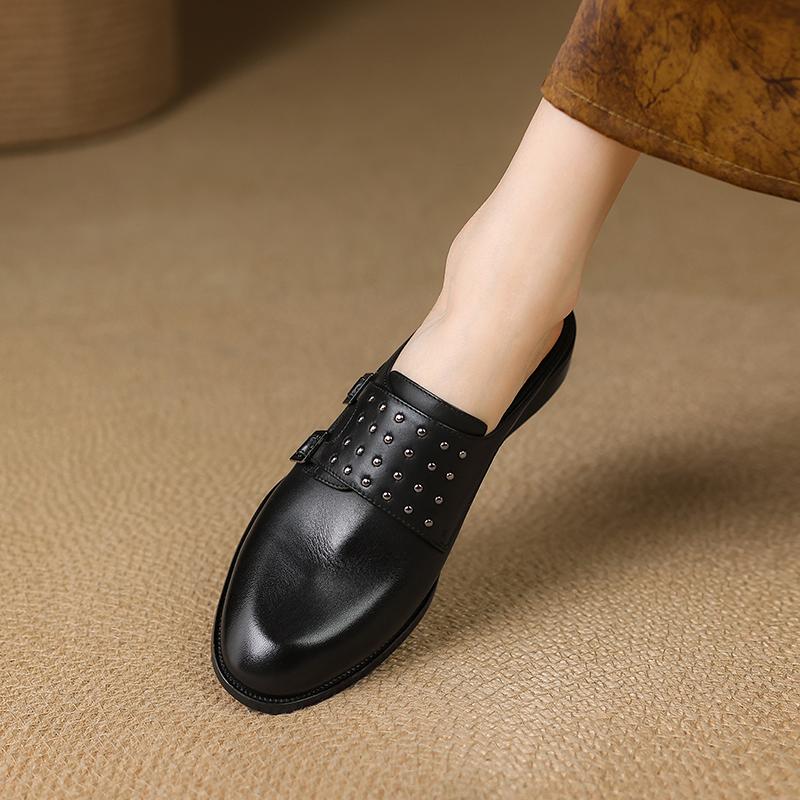 Fashion 2025 New Ladies Retro Slippers Round Toe Shoes Women High Heel Shoes Women Heel Mule Shoes Fashion Buckle Leather Slippers Women