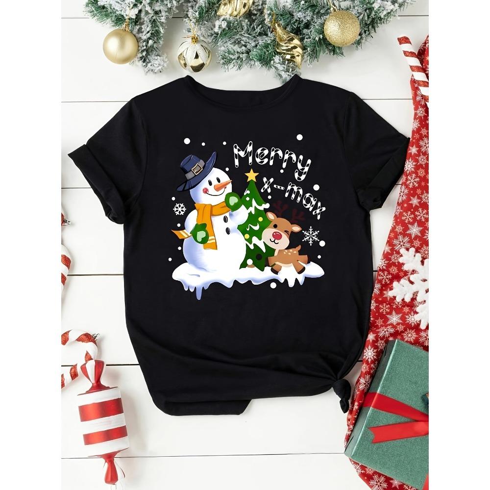 Women's Festive Christmas Snowman Print T-Shirt Women's Harajuku Sleeve Casual Clothing Street Tops Tees Aesthetic Clothes
