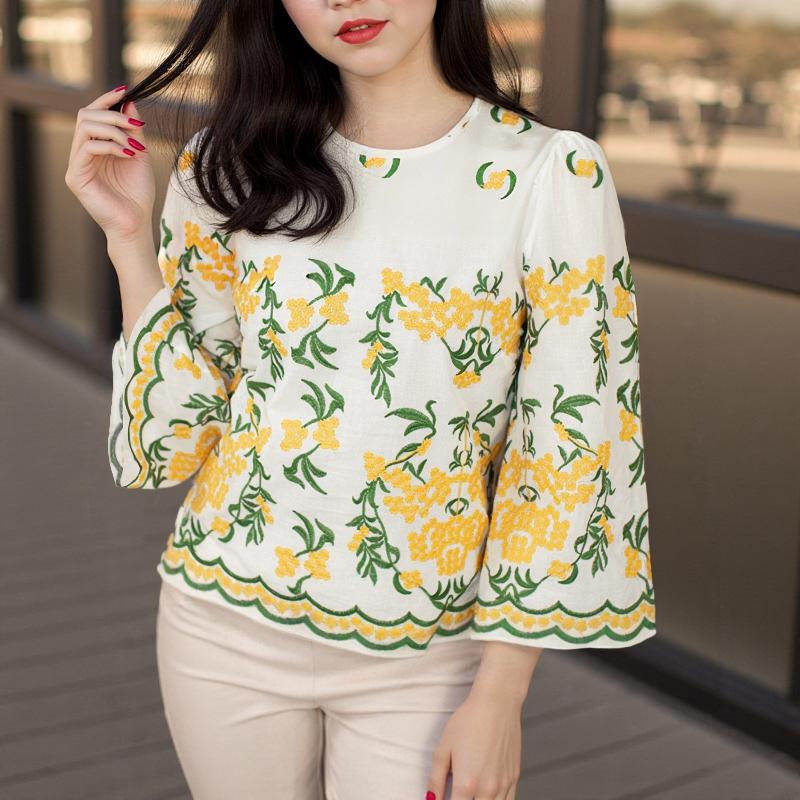 ZANZEA Women Casual Round Neck 3/4 Sleeve Floral Print Blouses 4XL белый