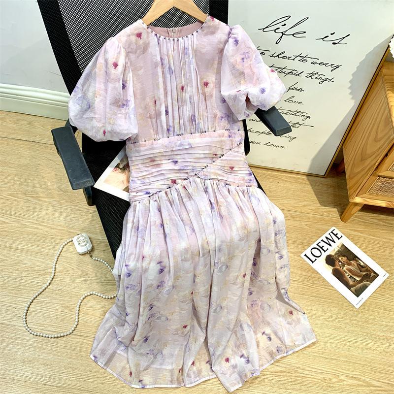 French Coffee Break Dress Waist Thin Short Sleeve Bead Print Long Dress
