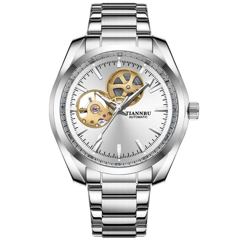 Business Mechanical Men s Watch Fully Automatic Skeleton Round Dial Men s Wristwatch Luminous Waterproof Watch серебряный