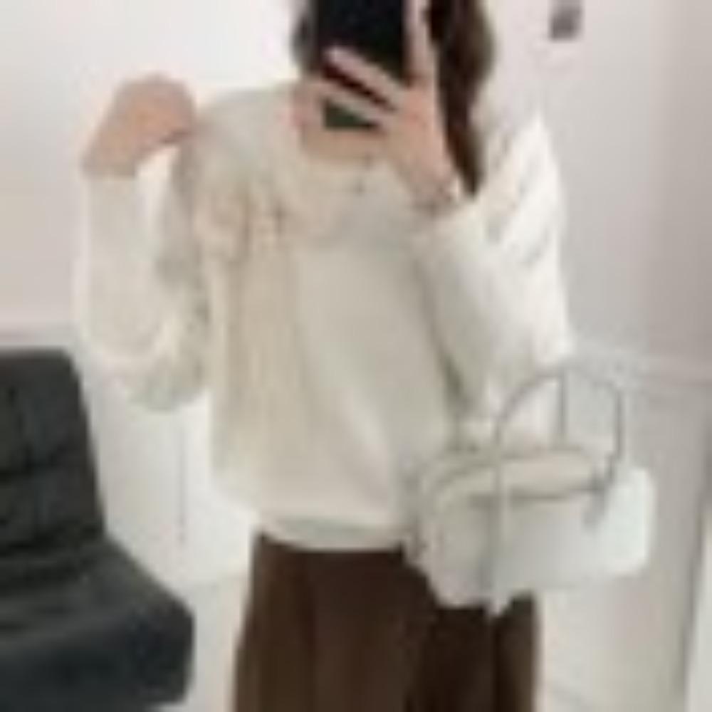 Square-neck Long-sleeved Knitted Sweater, Women's Spring and Autumn Large-sized Tie Bow Top Base Layer