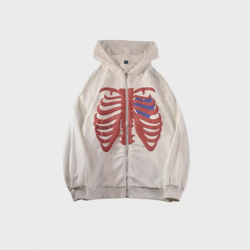 Women's Loose Skull Print Hooded Cardigan Sweatshirt with Zipper - Autumn/Winter Trendy Long-Sleeved Jacket