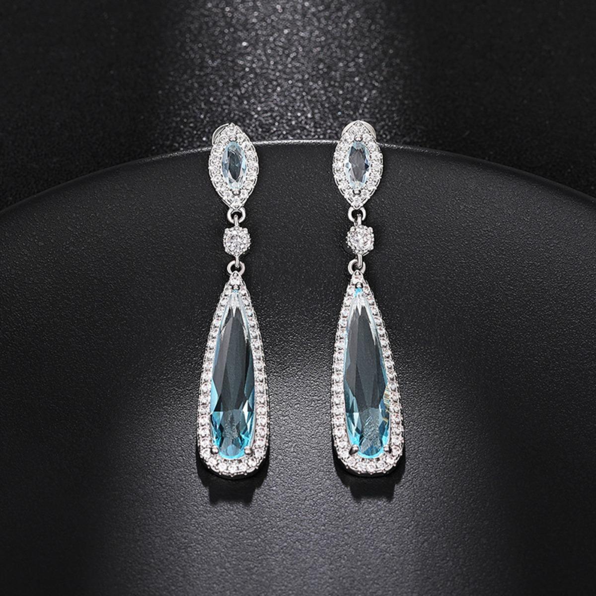 Luxury Blue Teardrop Cubic Zirconia Drop Earrings Silver Plated Long Dangle Earrings for Women Bridal Wedding Party