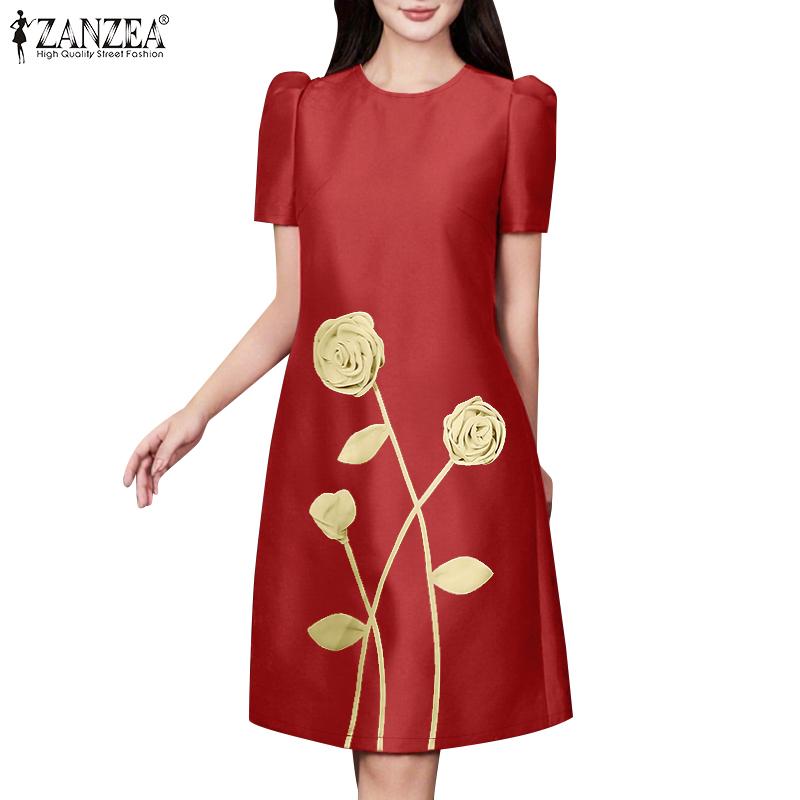 ZANZEA Women Casual Round Neck Summer Short Sleeve Print Dress