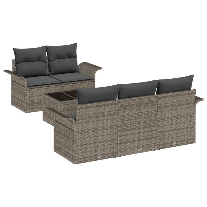Ensemble de Canapés de Jardin de 6 pièces avec coussins en rattan poly gris, Canapé de jardin 2 places avec rangement 3353908