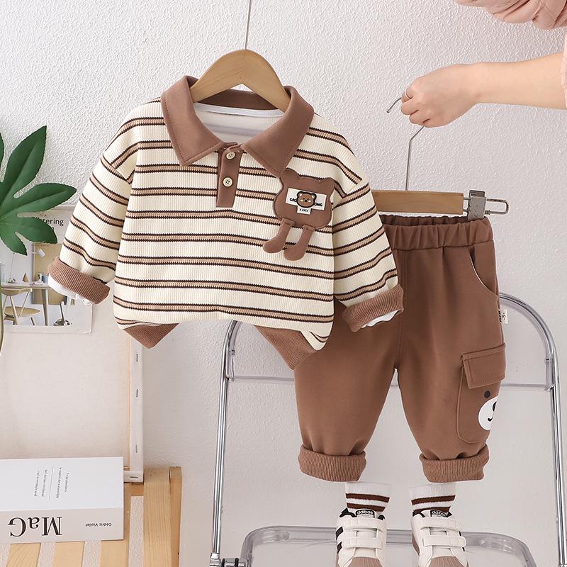 

Очаровательный комплект из футболки с полосатым воротником и длинных брюк для младенцев - Весенняя коллекция для мальчиков 90cm светло-коричневого