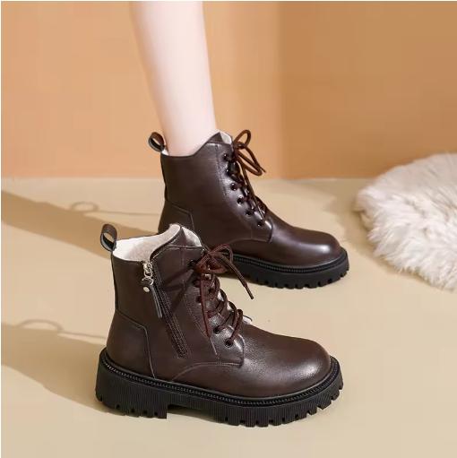Women Genuine Leather Ankle Boots Zipper Short Plush Brown Women's Ankle Boots Platform Thick Heel Motorcycle Boots Women Shoes