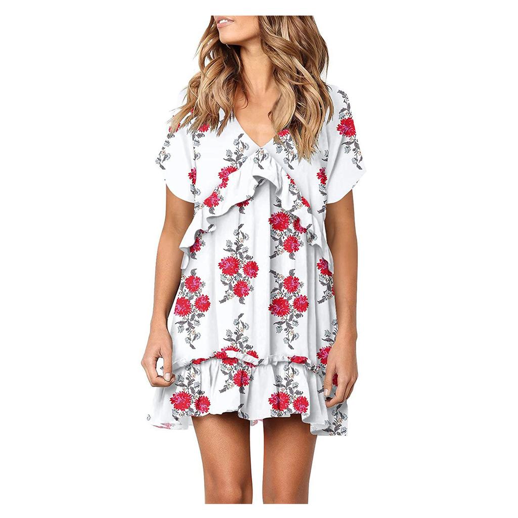 Fashion Women V-neck Printed Short Sleeve Dress Fresh Girly Style Dress