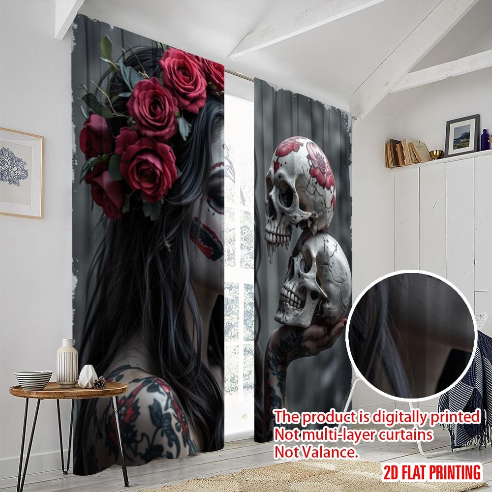 2pcs,2D Plane Printing Curtains Digital Printed Gothic Roses Skulls Durable 100% Polyester Fabric (without Rod) Versatile All