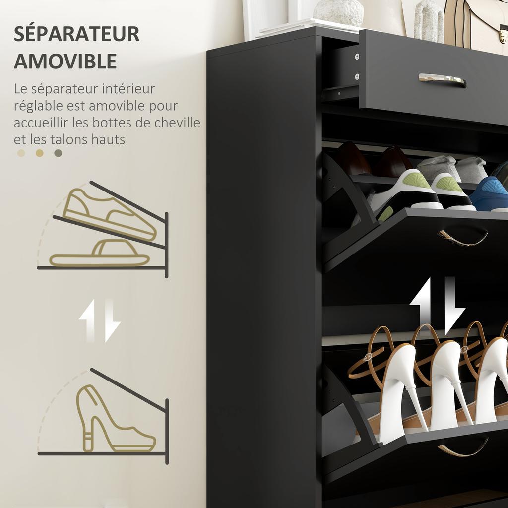 Scarpiera Stretta con 2 Cassetti a Ribalta e Ripiani Regolabili Organizzatore per Scarpe per 12 Paia di Scarpe, Nero