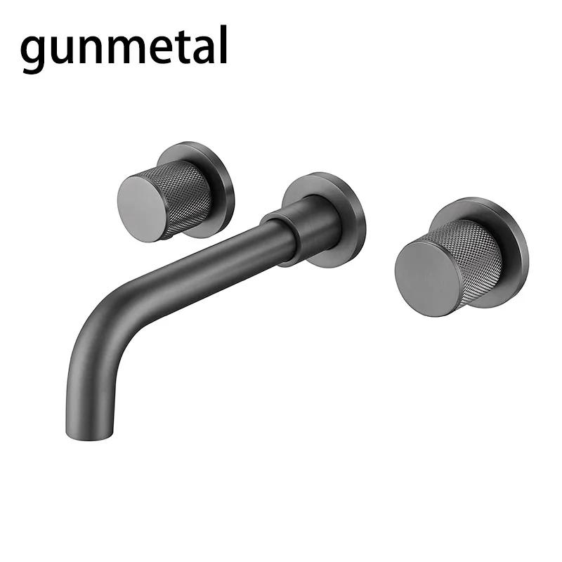 Bathroom Basin Faucet Brushed Gold/Black 2-Handle 3-Hole Wall Mounted Bathroom Sink Faucet Knurling Handle