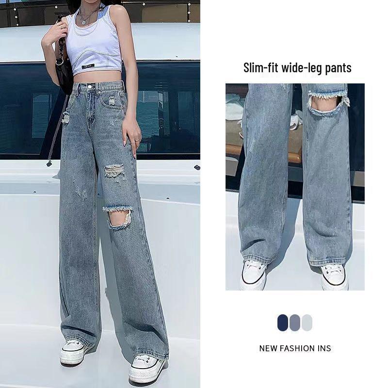 High-Waist Slim Ripped Jeans for Women - Versatile Summer 2022 Loose Wide-Leg Pants