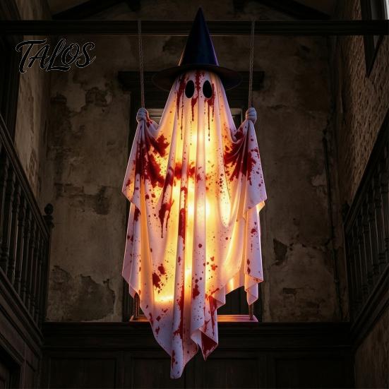 Trick or Treat Party Supply Hanging Swing Ghost Halloween Decoration, Spooky Light Up Large Swinging Front Porch Holiday Display with Blood Fabric for