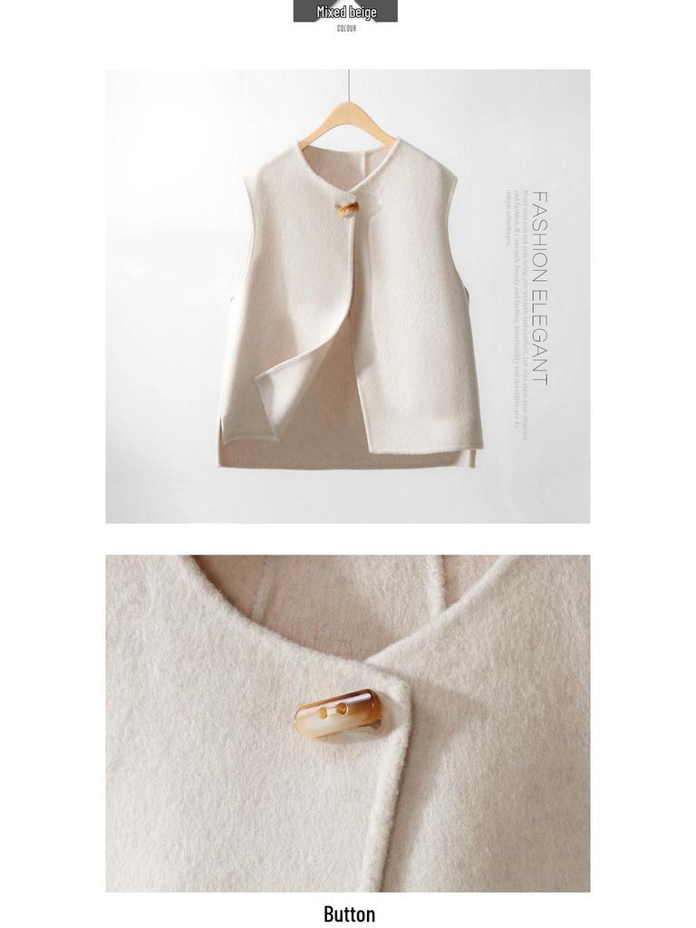 Women's 2025 Asymmetrical Gray Wool Vest - Round Neck, Button-Up, Sleeveless for Spring & Autumn Fashion