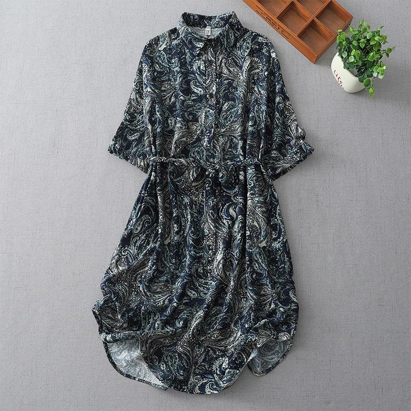 2025 Spring and Summer New Retro Printing Loose and Thin Medium and Long POLO Collar Seven-quarter Sleeve Coffee Break Skirt