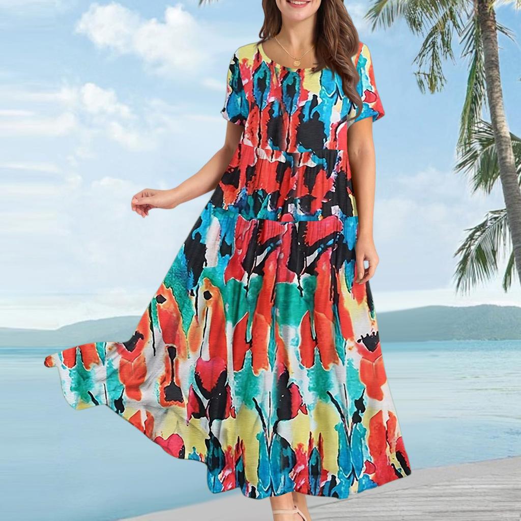 Women's Casual Loose Bohemian Floral Print Short Sleeve Dress