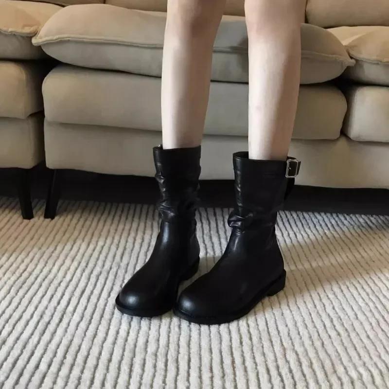 Модне взуття для жінок 2024 Висока якість Сліпони Жіночі чоботи Модні пряжки на ременях Сучасні чоботи Жіночі Нові Чоботи до середини ікри з круглим носком