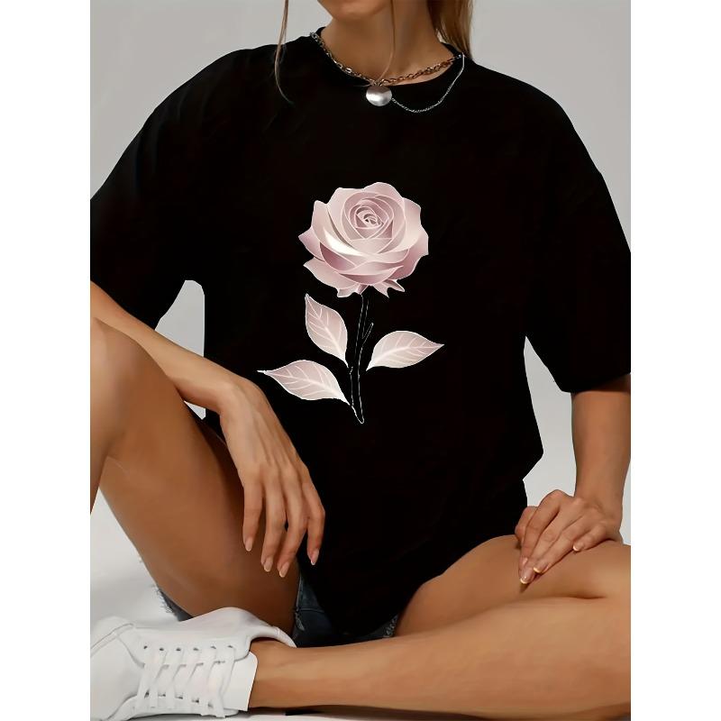 

European size Ladies T - Shirt with Pink Rose Pattern, Pure 4XL
