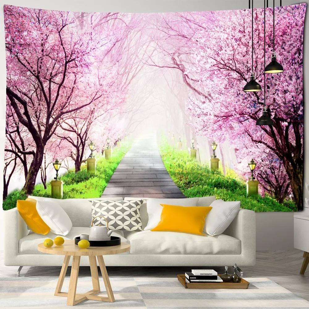Sea Moon Cherry Blossom Forest Trail Wall Hanging Tapestry Home Decoration Living Room Bedroom Wall Background Hanging Cloth