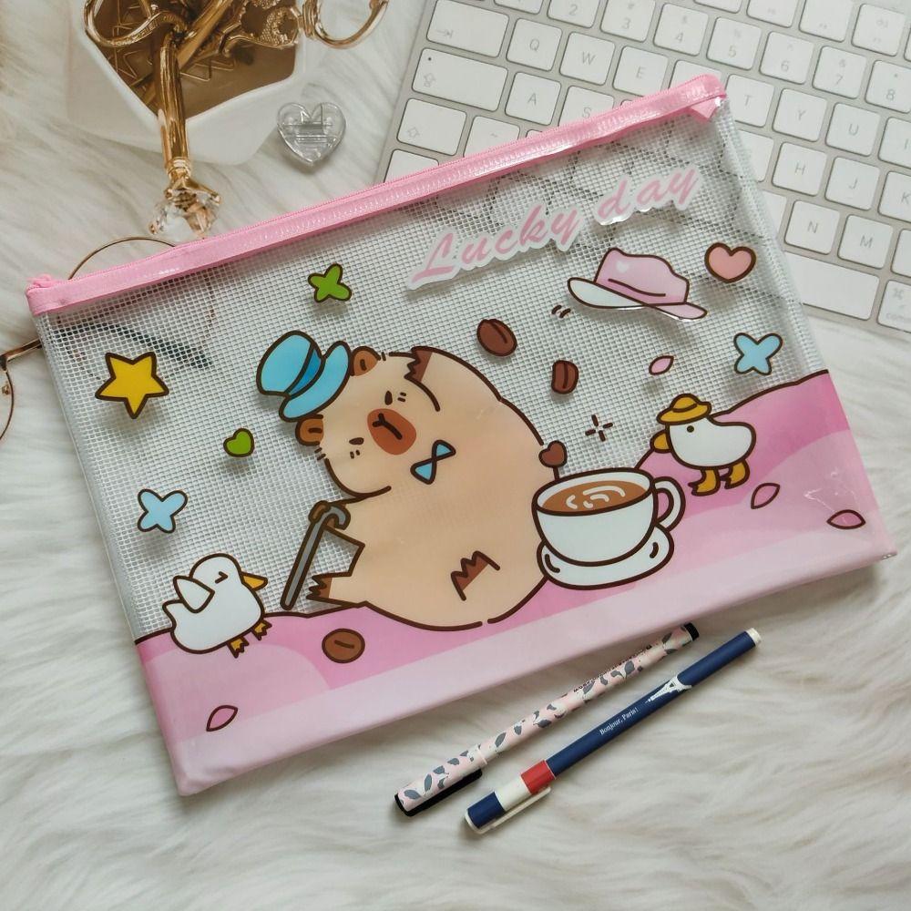 3PCS Cartoon PVC Mesh File Bag Capybara Large Capacity Zipper Pen Bag Waterproof Transparent Grid Storage Bag