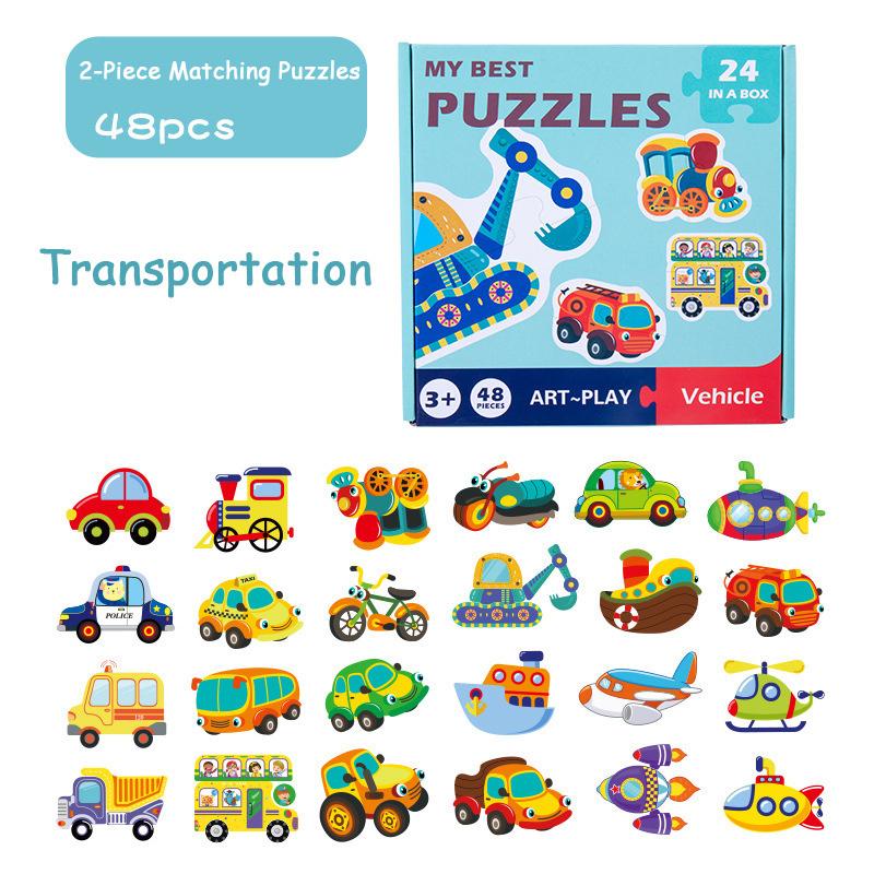 2-Piece Matching Puzzle Board With Cartoon Animal & Vehicle Designs - Educational Preschool Toy For Toddlers