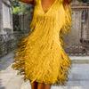 Deep V-Neck Sleeveless Backless Hip Wrap Summer Dress Sexy Women Fringed Sequin