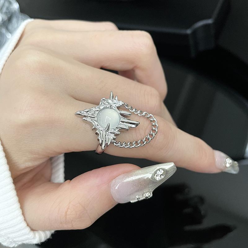 Niche Design Moonstone Ring Open Ring Irregular Fold Cold Wind Pearl High-End Ring