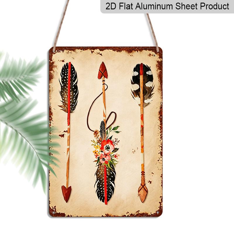 2D Flat, 1pc Boho Native American Arrows & Feathers Aluminum Sign - Western Wall Decor Western Home Decor, Native American Themed Room, Boho Home