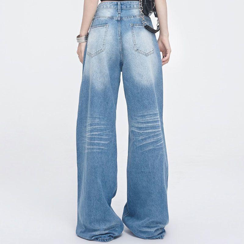 Retro High-waisted Wide-legged Jeans Women Autumn Loose Versatile Straight Draping Dragging Ground Trousers Jeans for Women Long Denim Pants