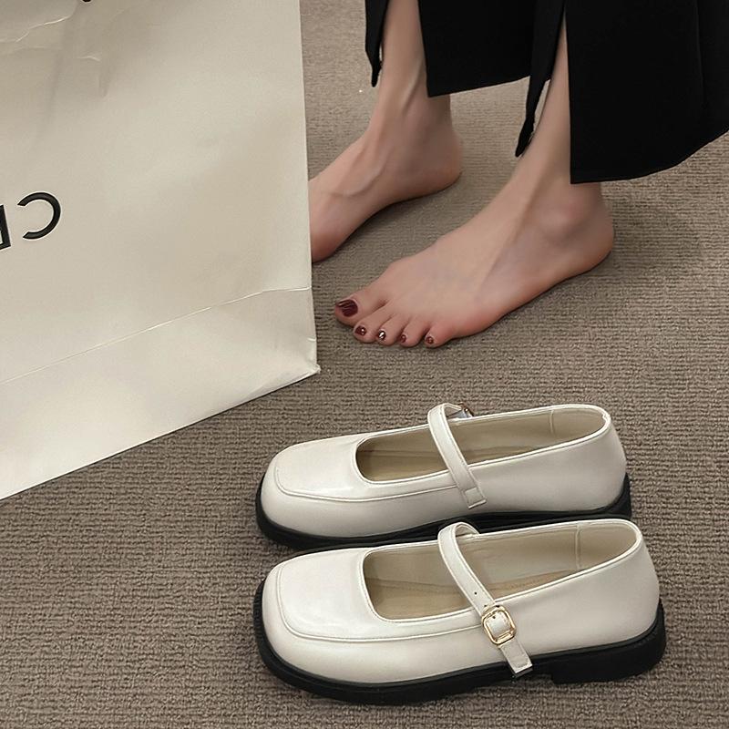 Boty Square Head Mary Jane Dámské Boty S mělkými ústy Malé kožené boty Spona britského stylu se sukní Mokasíny