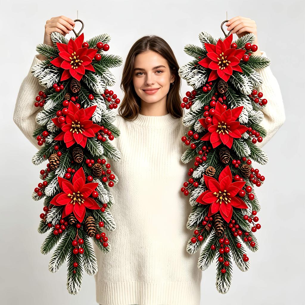 Christmas Decorative Garlands Selected Artificial Poinsettias, Red Berries, and Pine/Cypress Branches Feature Rich Colors and Natural Shapes
