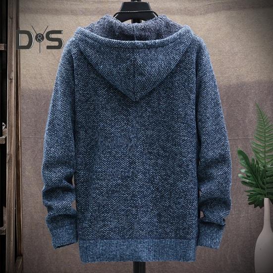 Winter Men Jacket Thickened Fleece Hooded Drawstring Zip-up Long Sleeves Sweater Coat Pockets Elastic Cuff Retro Knitted Daily Wear Outerwear Jacket