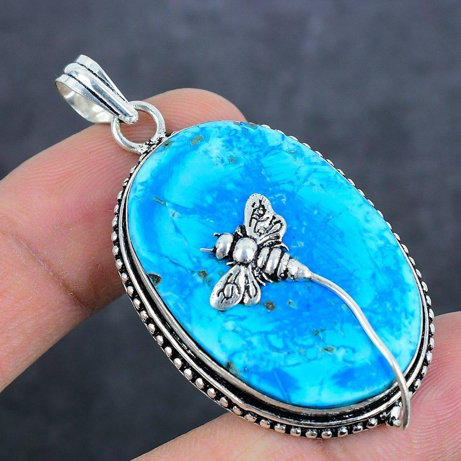 Tibetan Turquoise Gemstone Handmade 925 Sterling Silver Pendant 2.25" B5H35