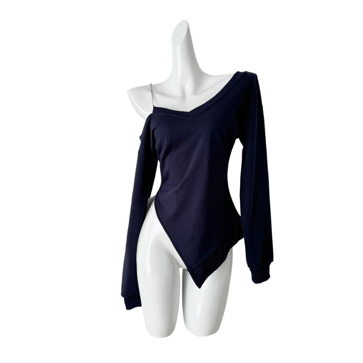 

Топ з нерівним подолом, укорочений, з довгим рукавом, жіночий, осінньо-зимовий, чисте бажання, з відкритим плечем, базовий шар L ціан