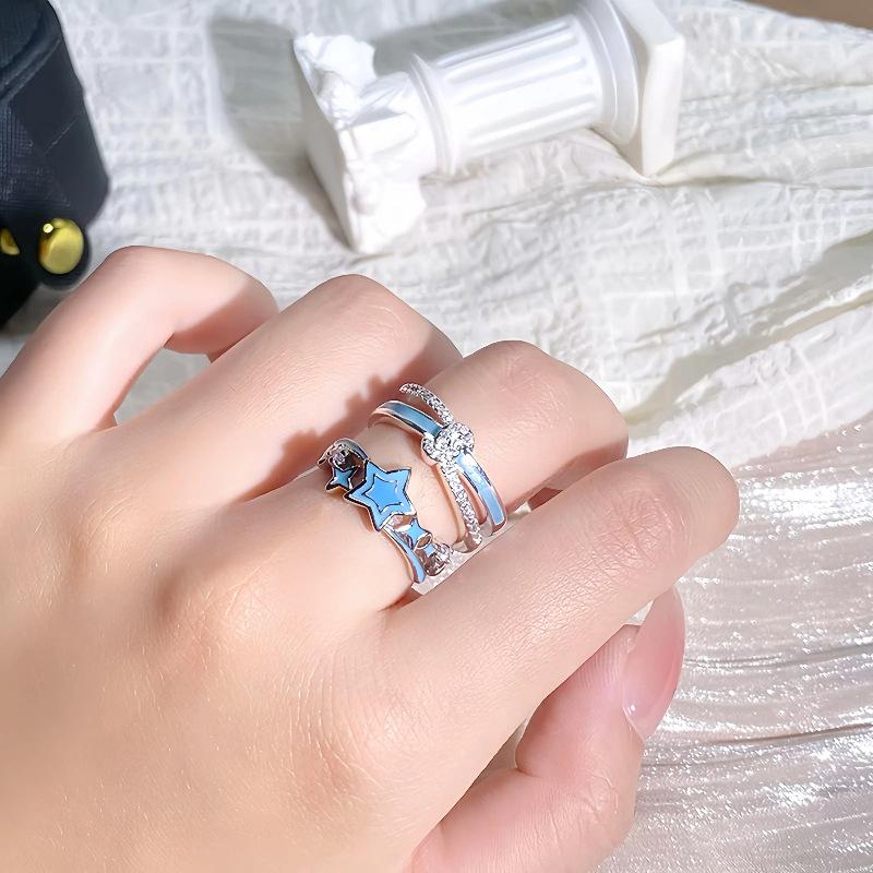 Blue Enamel Oil Drop Flower Bow Star Opening Ring Women'S Niche High-End Light Luxury Ring