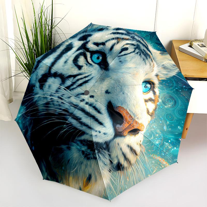 Tiger Head  Pattern, Automatic Folding Umbrella, Portable and Foldable Design, 8 Ribs, a Christmas or Birthday Gift.