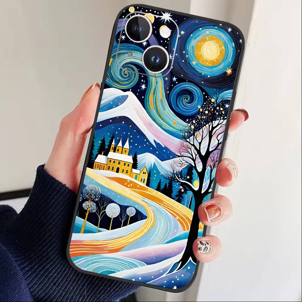 Whimsical landscape Starry Night Phone Case For iPhone17,16,15,14,13,12 Plus,Max Soft Silicone Black Cover