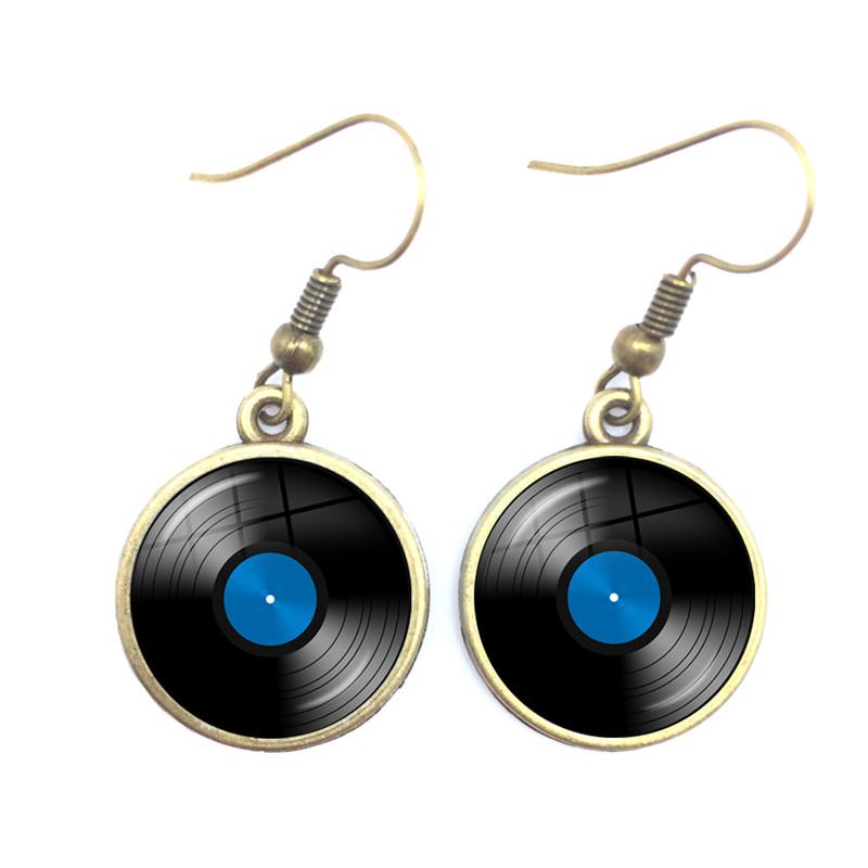 Retro CD Record Drop Earring Disc Classic Music Gramophone Record Glass Cabochon Earrings Gift for Music Loves