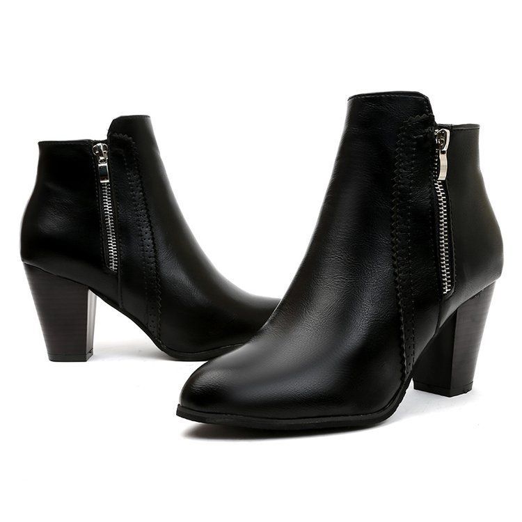 Women's Fall/Winter Vintage Chunky Heel Design Side-Zip Ankle Boots Solid-Color Pointed-Toe Elegant Boots