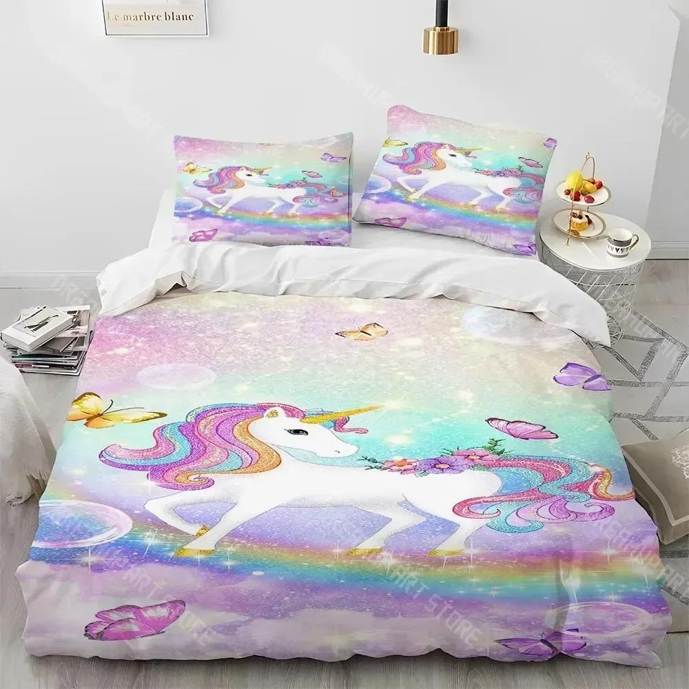 Unicorn Cute Cartoon Comforter Bedding Set,Duvet Cover Bed Set Quilt Cover Pillowcase,Queen Bedding Set for Child Boy Girl Gift