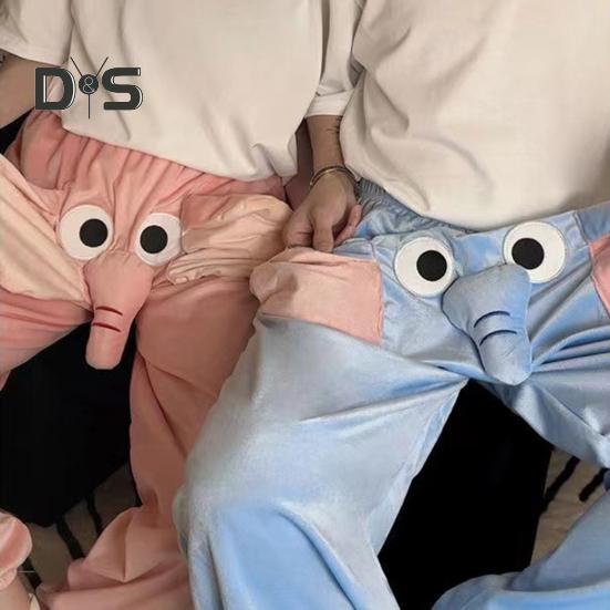 Calças de pijama com estampa de elefante de desenho animado, pernas largas, design feminino, masculino, calças de salão, cós elástico, cintura média, calças de pijama