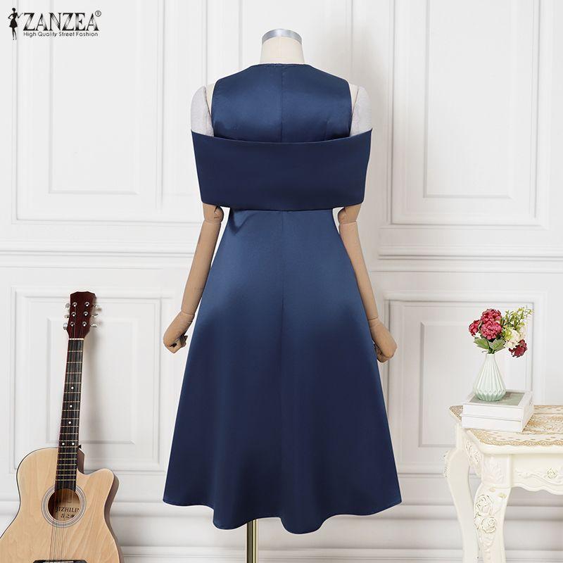 ZANZEA Rochie Elegantă Casual pentru Femei cu Gât în V, Umeri Goali și Mâneci Scurte