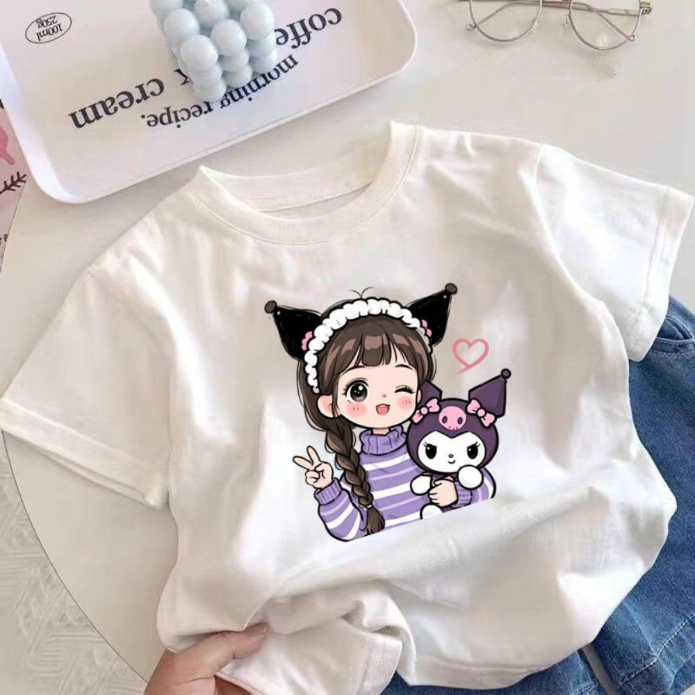 Kurumi girls' short sleeved T-shirt, cute cartoon short sleeved summer children's top, round neck printed T-shirt