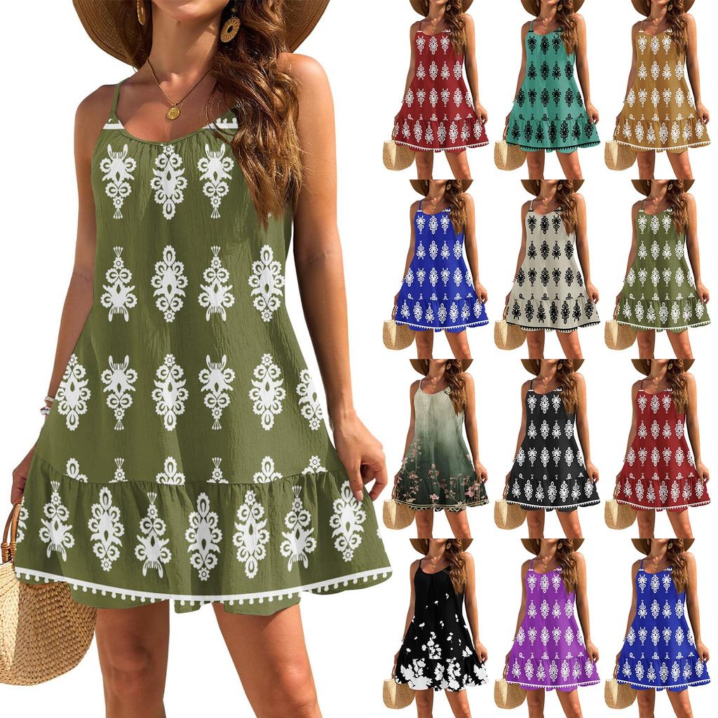 Women's Dresses Sleeveless Loose Casual Floral Print Hem Pleated Beach Dresses