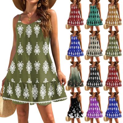 Women's Dresses Sleeveless Loose Casual Floral Print Hem Pleated Beach Dresses